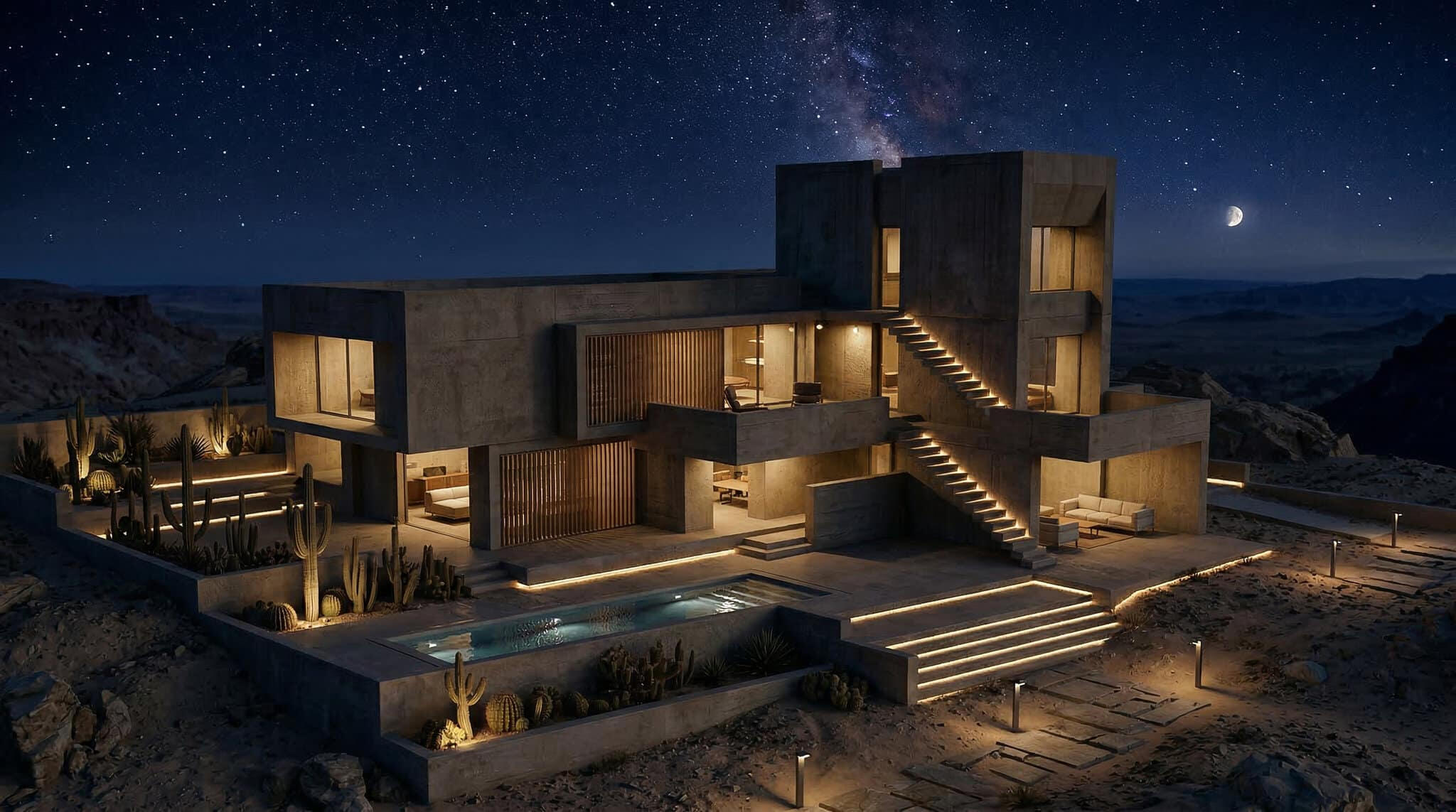 Night Visualization - Unreal Engine 5 Νυχτερινή αρχιτεκτονική οπτικοποίηση σύγχρονης κατοικίας με φωτισμένη πισίνα κάτω από έναστρο ουρανό - Unreal Engine 5 rendering από το kappataf.