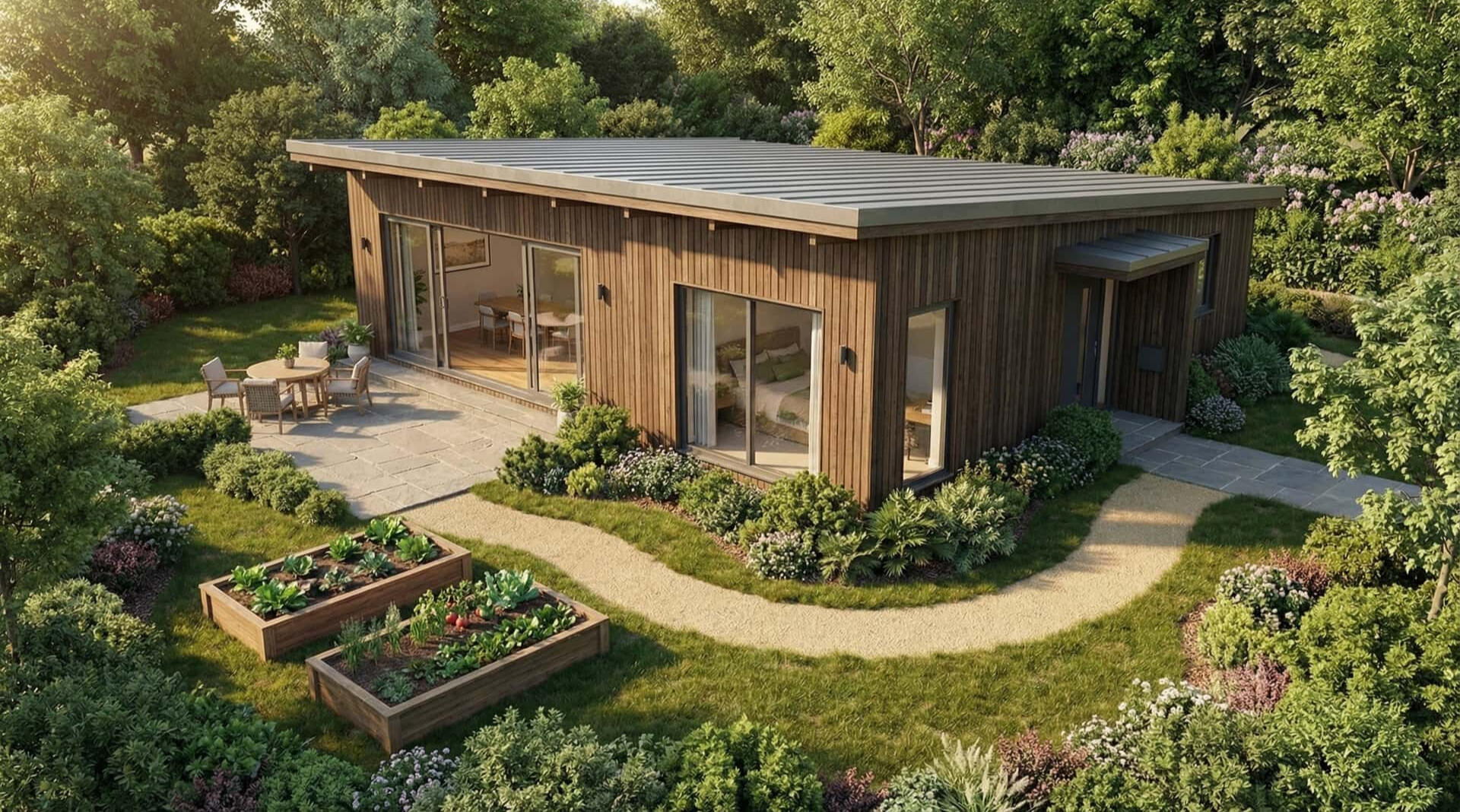 Modern Wooden House - Garden & Exterior Αρχιτεκτονική οπτικοποίηση μοντέρνας εξοχικής ξύλινης κατοικίας με περιβάλλοντα χώρο, κήπο και βιολογικούς λαχανόκηπους - kappataf.
