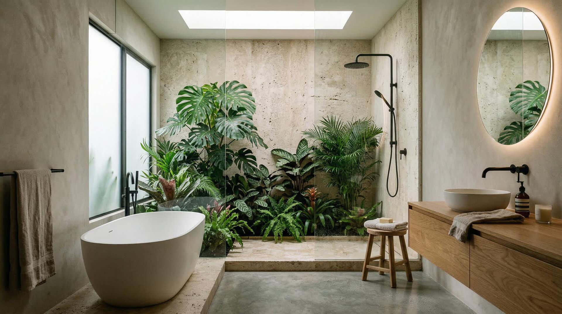 Luxurious Minimal Bathroom - Tropical Vibes Premium 3D rendering μπάνιου σε μίνιμαλ αισθητική με τροπικά φυτά και ατμοσφαιρικό φυσικό φωτισμό - kappataf.